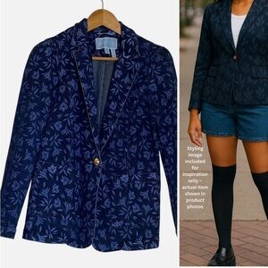 Draper James Denim Blazer Floral Print Gold Button Preppy Office Southern Charm